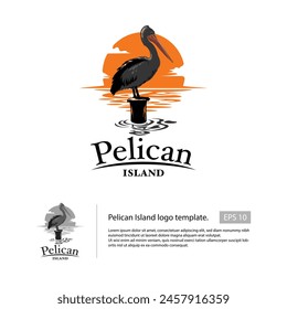 Plantilla con logo de pelícano con un pájaro pelícano de pie en el bosque con un fondo de atardecer, que se adapta a su logotipo de resort.