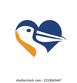 Pelican love vector logo design. Vector illustration emblem of pelican Animal and heart Icon.