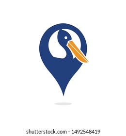 Pelican and map pointer logo combination. GPS locator and pelican symbol or icon.