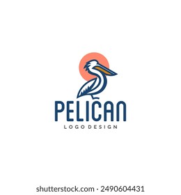 diseño de logotipo de línea de mascota pelícano. logotipo de ave tropical con sol en el fondo. concepto de logotipo de viaje de vacaciones de verano. 