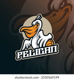 Vetor de design de logotipo de mascote pelicano com estilo de conceito de ilustração moderna para impressão de emblema, emblema e camiseta. Ilustração pelicana com basquete na mão.