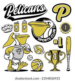 Pelican Mascot Sport Collection Object in Hand Drawn Vintage Style