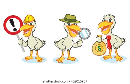 Pelican Mascot Vector with money, sign, magnifying glass