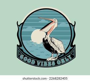 pelican  on beach vector illustration, summer beach print design, good vibes typography, logotype summer artwork for kids, beach graphic print