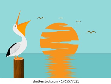 pelican on a wood pillar in the sea