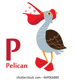 Pelican for P letter. An illustration of a cute pelican in vector format. Nice pelican image for kids education and fun in nursery and schools, and decoration purposes. English alphabet. Zoo abc. 