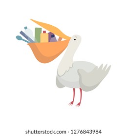 Pelican with plastic trash in its beak, global environmental problem, ecological disaster vector Illustration on a white background