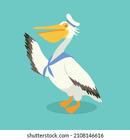 Pelican in a sailor suit flaps its wing