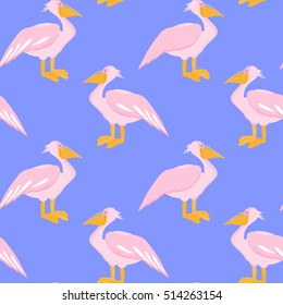 Pelican seamless pattern. Pelican bird on blue background. Vector illustration
