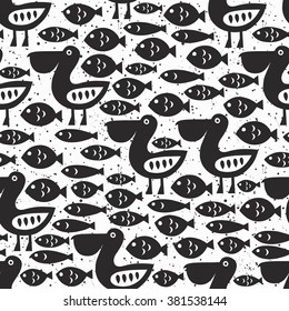 Pelican seamless pattern. Black surface decoration with pelican and fish.Vector illustration. Cloth design, wallpaper, wrapping.