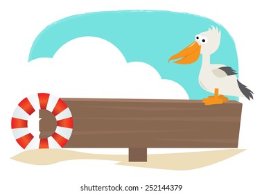 Pelican Sign - Blank wooden sign with a pelican and a float on each corner, and a cloud in the background. Eps10