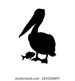 Pelican silhouette with small fish catch.