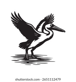 Pelican Silhueta Vetor, Estêncil Pelicano de Pé, Pássaro no Lago Ilustração Preto e Branco, Vida selvagem Pássaro Clipart
