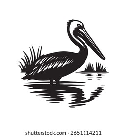 Pelican Silhueta Vetor, Estêncil Pelicano de Pé, Pássaro no Lago Ilustração Preto e Branco, Vida selvagem Pássaro Clipart