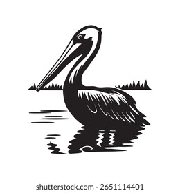 Pelican Silhueta Vetor, Estêncil Pelicano de Pé, Pássaro no Lago Ilustração Preto e Branco, Vida selvagem Pássaro Clipart