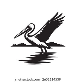 Pelican Silhueta Vetor, Estêncil Pelicano de Pé, Pássaro no Lago Ilustração Preto e Branco, Vida selvagem Pássaro Clipart