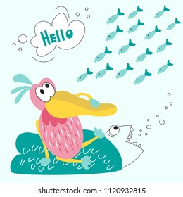 The Pelican sits on an island and dreams of eating fish. Vector illustration of a Pelican and a flock of fish suitable for children's books, clothes, postcards. Fabric decoration. Style comics and car