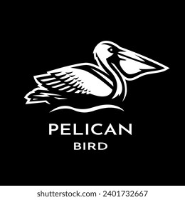 Pelican sitting on the water, logo on a dark background.