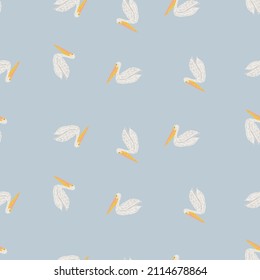 Pelican sitting seamless pattern. Background of sea birds. Repeated texture in doodle style for fabric, wrapping paper, wallpaper, tissue. Vector illustration.