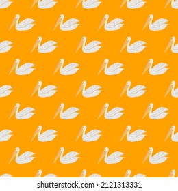 Pelican sitting seamless pattern. Background of sea birds. Repeated texture in doodle style for fabric, wrapping paper, wallpaper, tissue. Vector illustration.