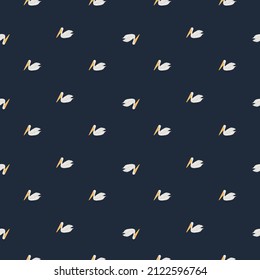 Pelican sitting seamless pattern. Background of sea birds. Repeated texture in doodle style for fabric, wrapping paper, wallpaper, tissue. Vector illustration.