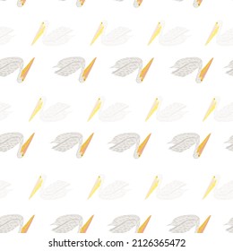 Pelican sitting seamless pattern. Background of sea birds. Repeated texture in doodle style for fabric, wrapping paper, wallpaper, tissue. Vector illustration.