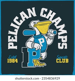 Pelican Sport Mascot Baseball Champs Vintage Shirt in Retro Style