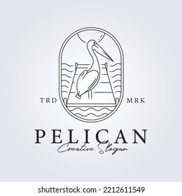 a pelican standing in beach bridge in line art logo vector illustration design, badge insignia logo
