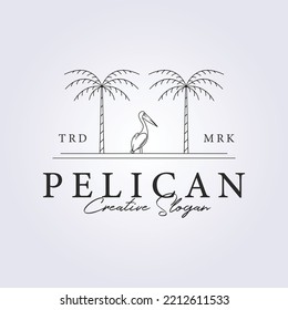 a pelican standing between the palm trees line art logo vector illustration design