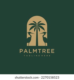 Pelican standing between palm trees gold logo design icon vector illustration 