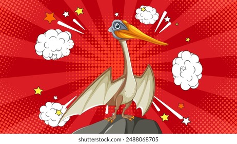 Pelican standing heroically with comic background