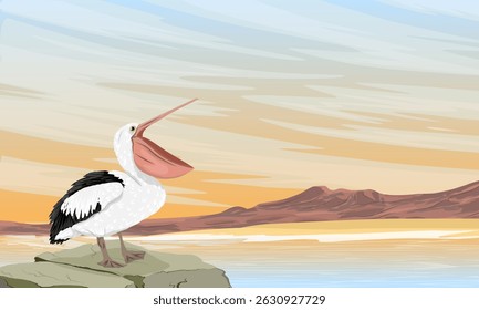 Pelican standing on a rock on the seashore at sunset. Wild birds of Australia, New Guinea and Indonesia. Vector realistic illustration