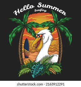 Pelican summer vacation on the beach vector illustration for your company or brand