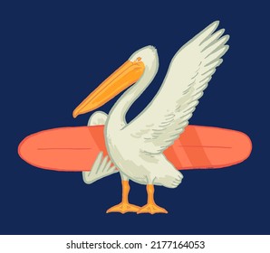 Pelican surfer. Cute pelican bird character holding surfboard isolated vector illustration.