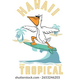 Pelican surfing on beach, Hawaii text paradise beach surfing tropical bird with a surfboard silkscreen style vintage t-shirt print surfing vector illustration,