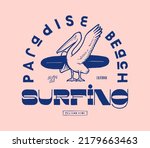 Pelican surfing. Paradise beach surfing tropical bird with a surfboard silkscreen style vintage t-shirt print surfing vector illustration
