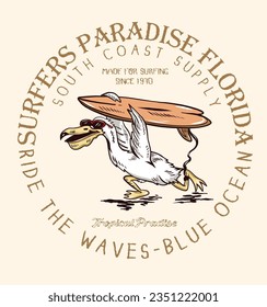 Pelican surfing. Paradise beach surfing tropical bird with a surfboard silkscreen style vintage t-shirt print surfing vector illustration