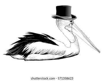 Pelican with top hat and monocle - vector illustration