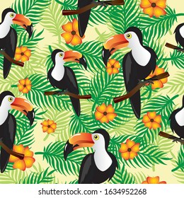 Pelican tropic bird sitting on a bench of tree. Vector illustration. Seamless pattern.