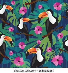 Pelican tropic bird sitting on a bench of tree. Vector illustration. Seamless pattern.