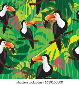 Pelican tropic bird sitting on a bench of tree. Vector illustration. Seamless pattern.