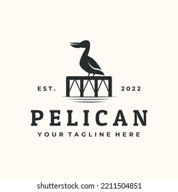 pelican water bird vintage logo vector minimalist illustration design, pelicans on the pier symbol design