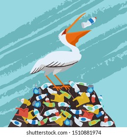 Pelicans bird eat plastic bottles on a pile of plastic garbage. Stock vector illustration.