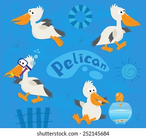 Pelicans - Cute cartoon set of four pelicans on a blue background . Eps10