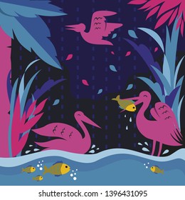 Pelicans eat fish for modern poster, vector and illustration