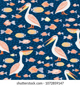 Pelicans eat fish. Seamless decorative pattern. Vector illustration.