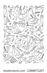 Pelicans family. Funny characters. Colouring page. Vertical frame background