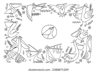 Pelicans family. Funny characters. Horizontal frame with place for your text. Colouring page. Background for your design - cards, print, banners etc