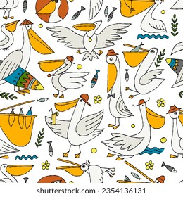 Pelicans family. Funny characters. Seamless pattern background for your design