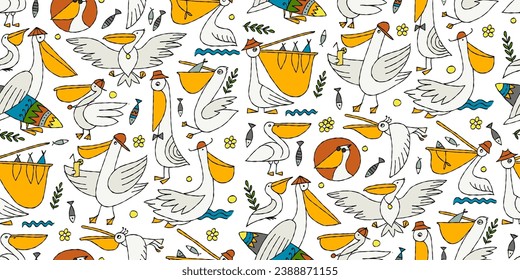 Pelicans family. Funny characters. Seamless pattern background for your design